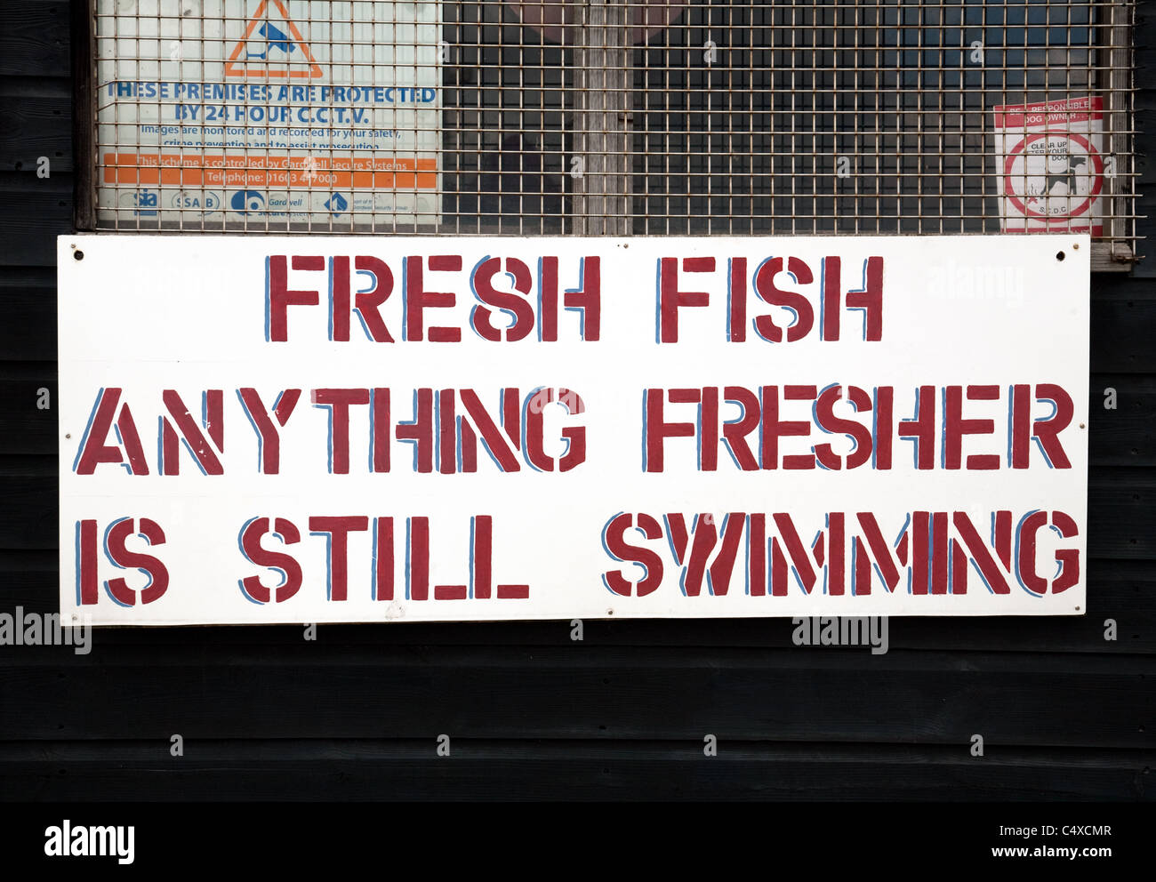 Fresh Fish sign at a fishmonger, Aldeburgh Suffolk UK Stock Photo
