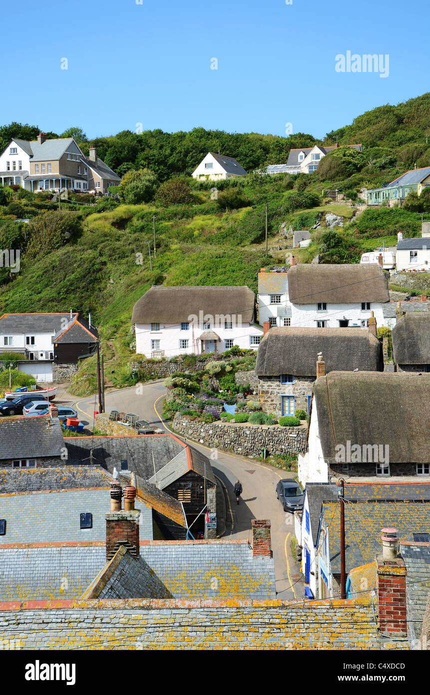 Thatched cottages in the fishing village of Cadgwith, Cornwall, UK