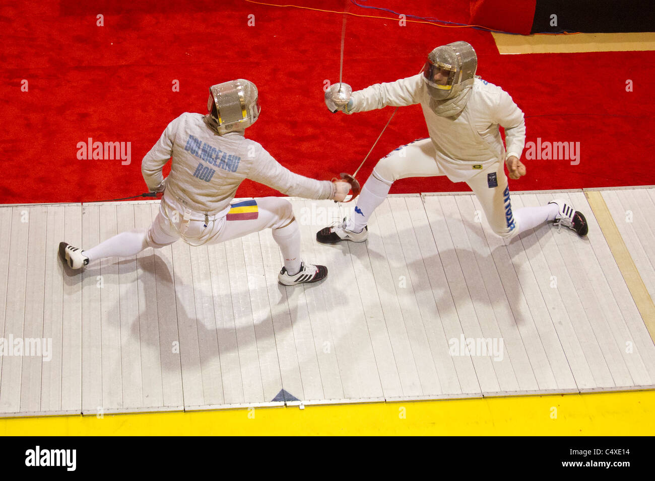 Tibbberiu Dolniceanu (ROU) competing against Giampiero Pastore (ITA) at the 2011 New York Saber World Cup. Stock Photo