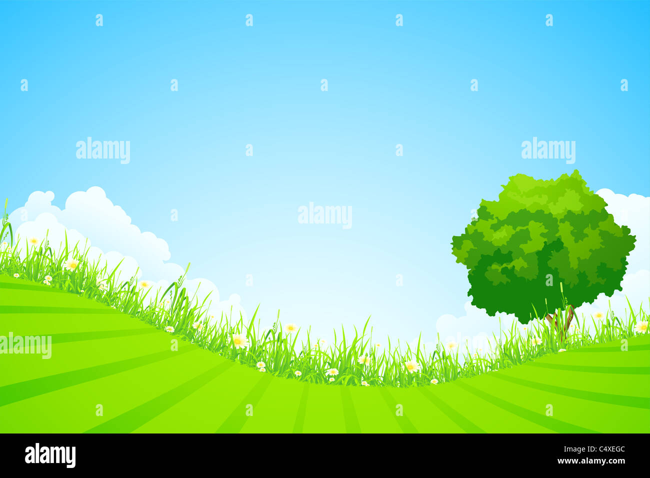 Green landscape with tree and clouds Stock Photo - Alamy