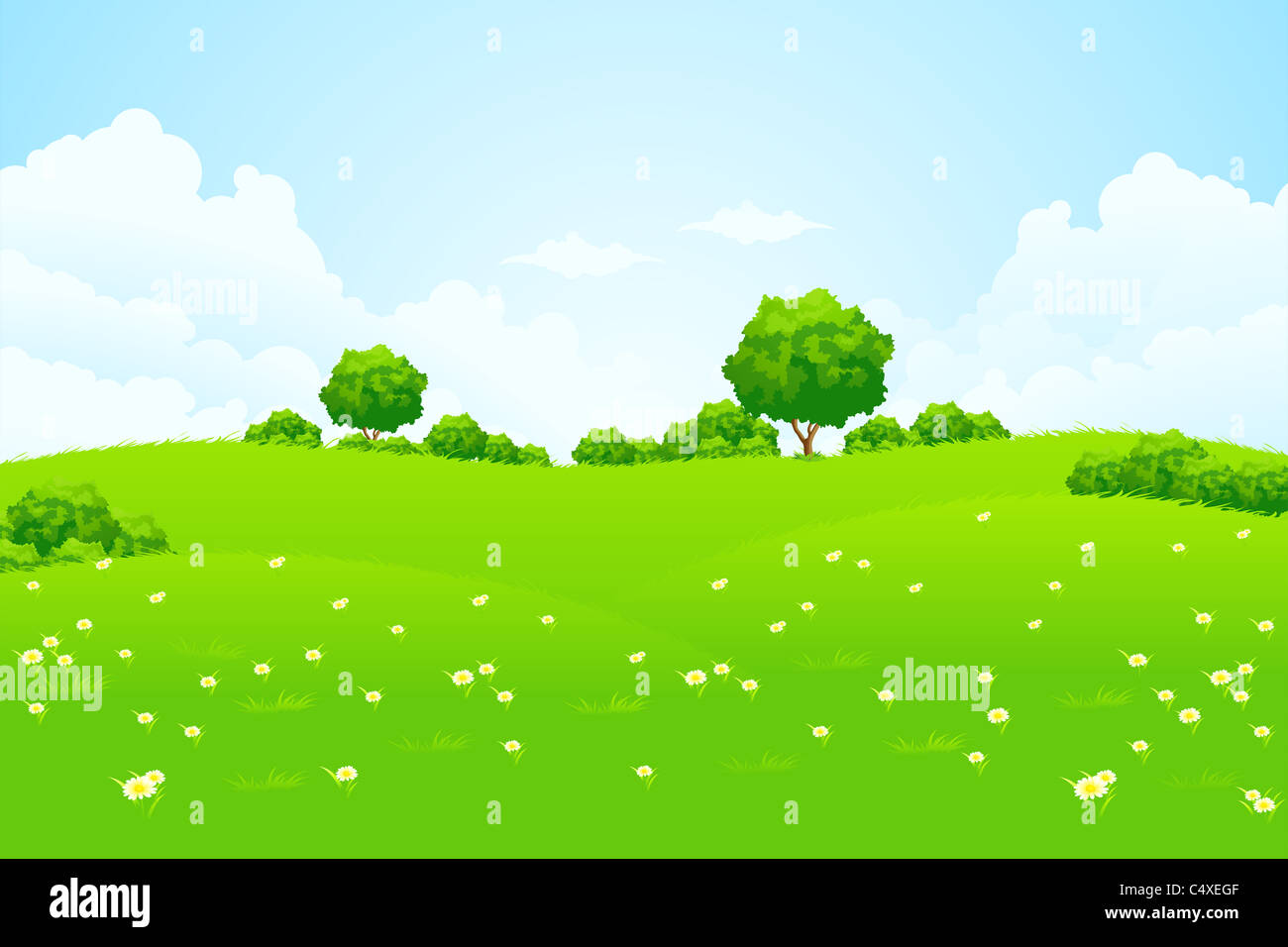 Green Landscape with trees clouds flowers and hills Stock Photo - Alamy