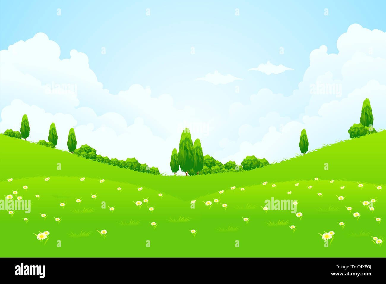 Green Landscape with trees clouds flowers and hills Stock Photo - Alamy