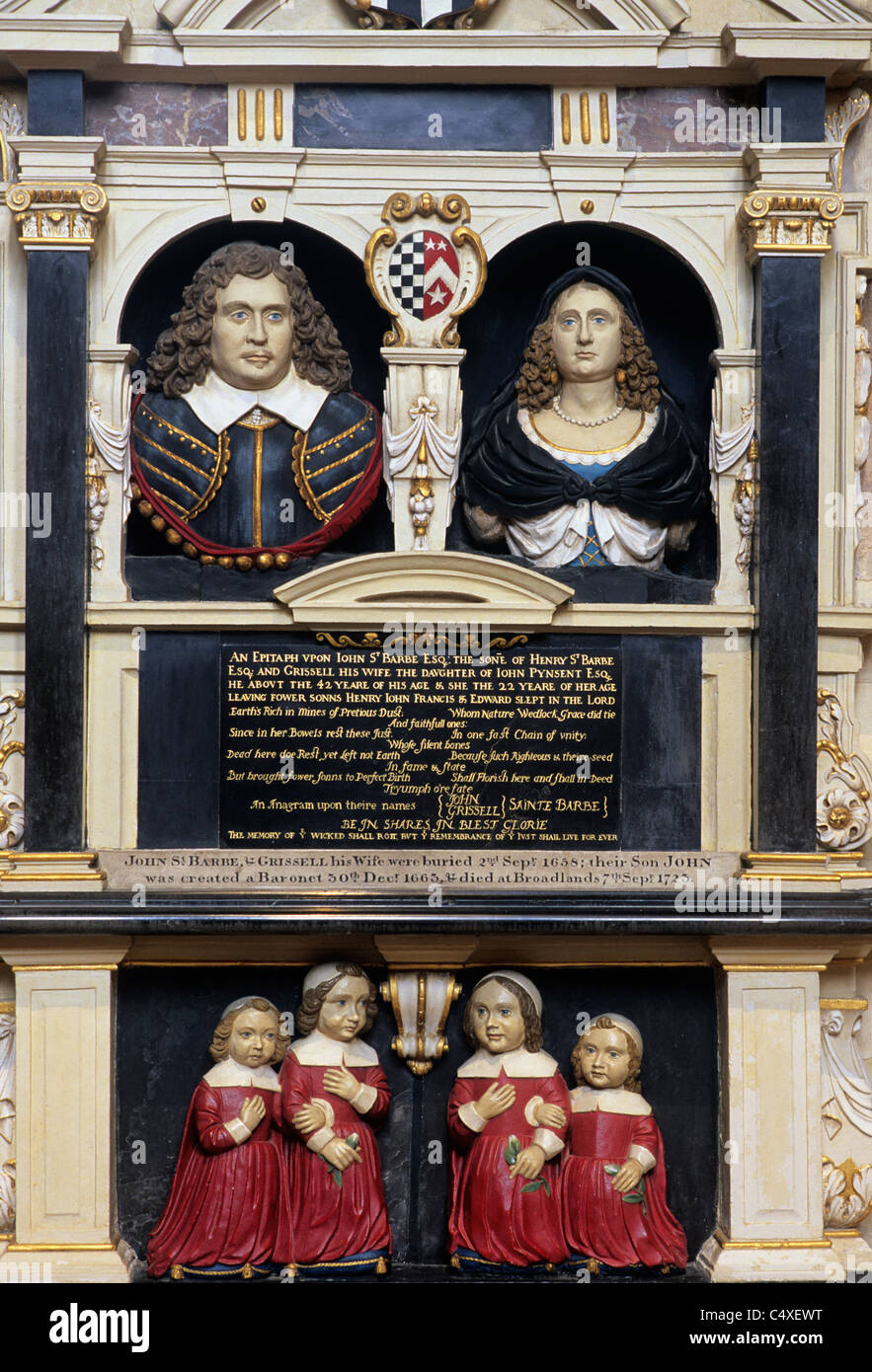 Romsey Abbey, Hampshire. John St. Barbe and wife, 1658, and 4 children, mid 17th century monument England UK English sculpture Stock Photo