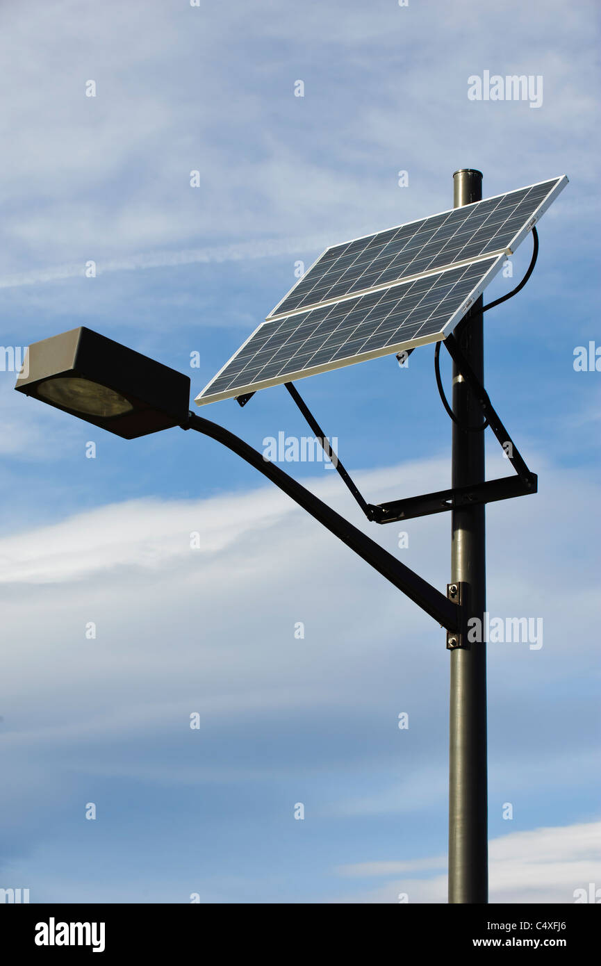 Outdoor lighting is powered by solar panels at the Fire Sciences Laboratory in Missoula, Montana. Stock Photo