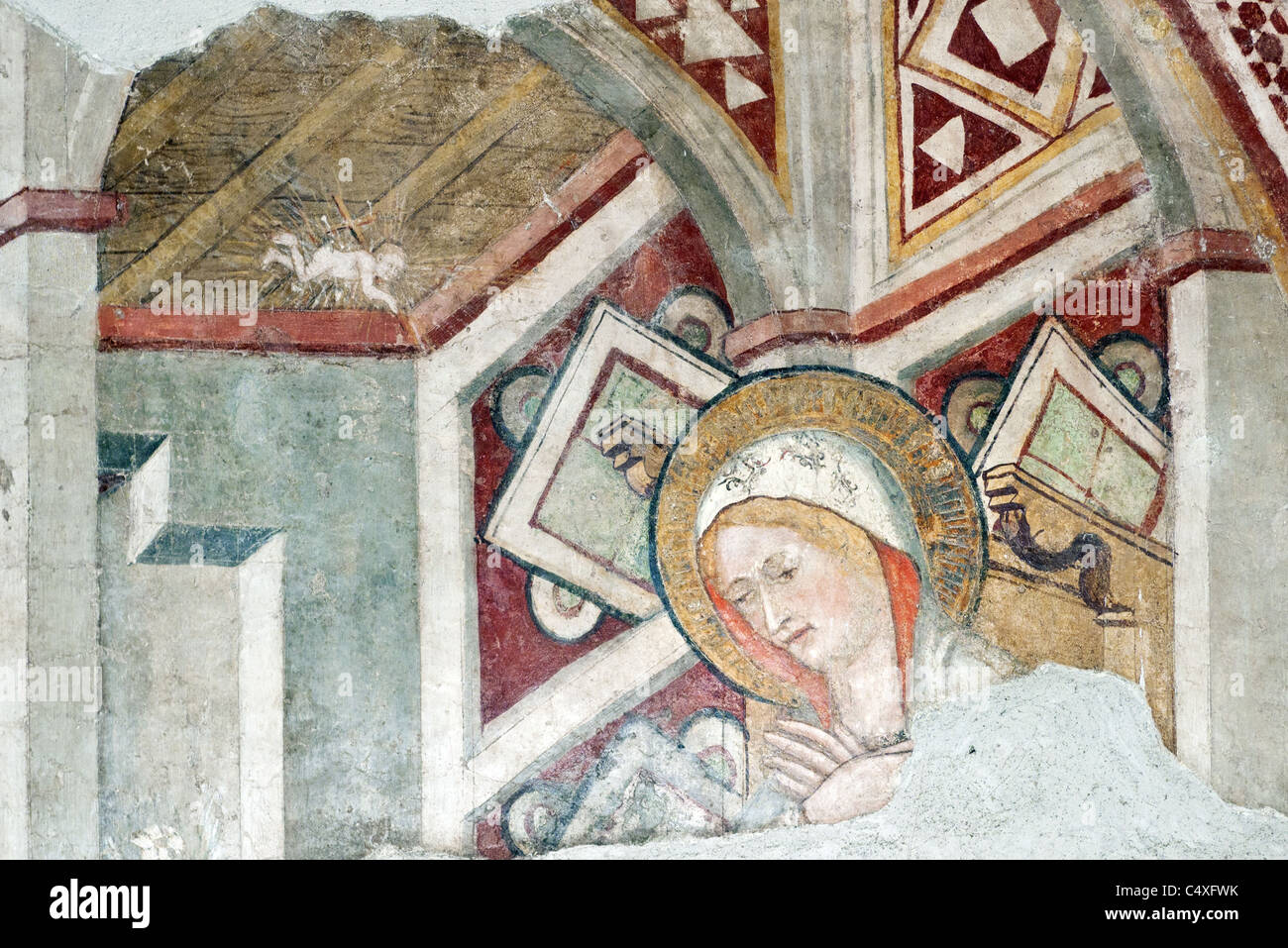 Detail of a fresco depicting the Annunciation. Church of San Marco in Tuscania, central Italy. Stock Photo