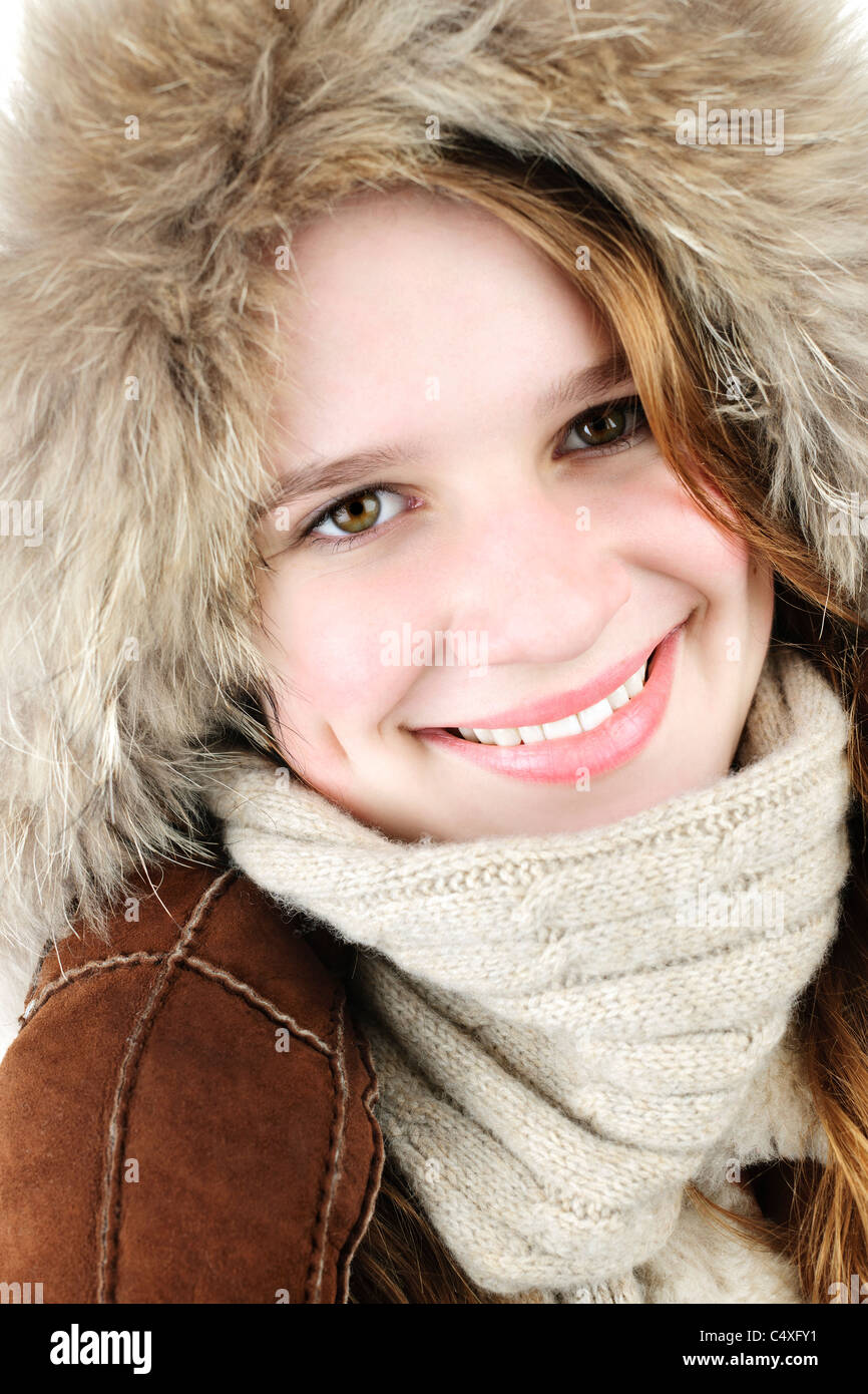 Portrait of beautiful young woman in fur hood of winter coat Stock ...