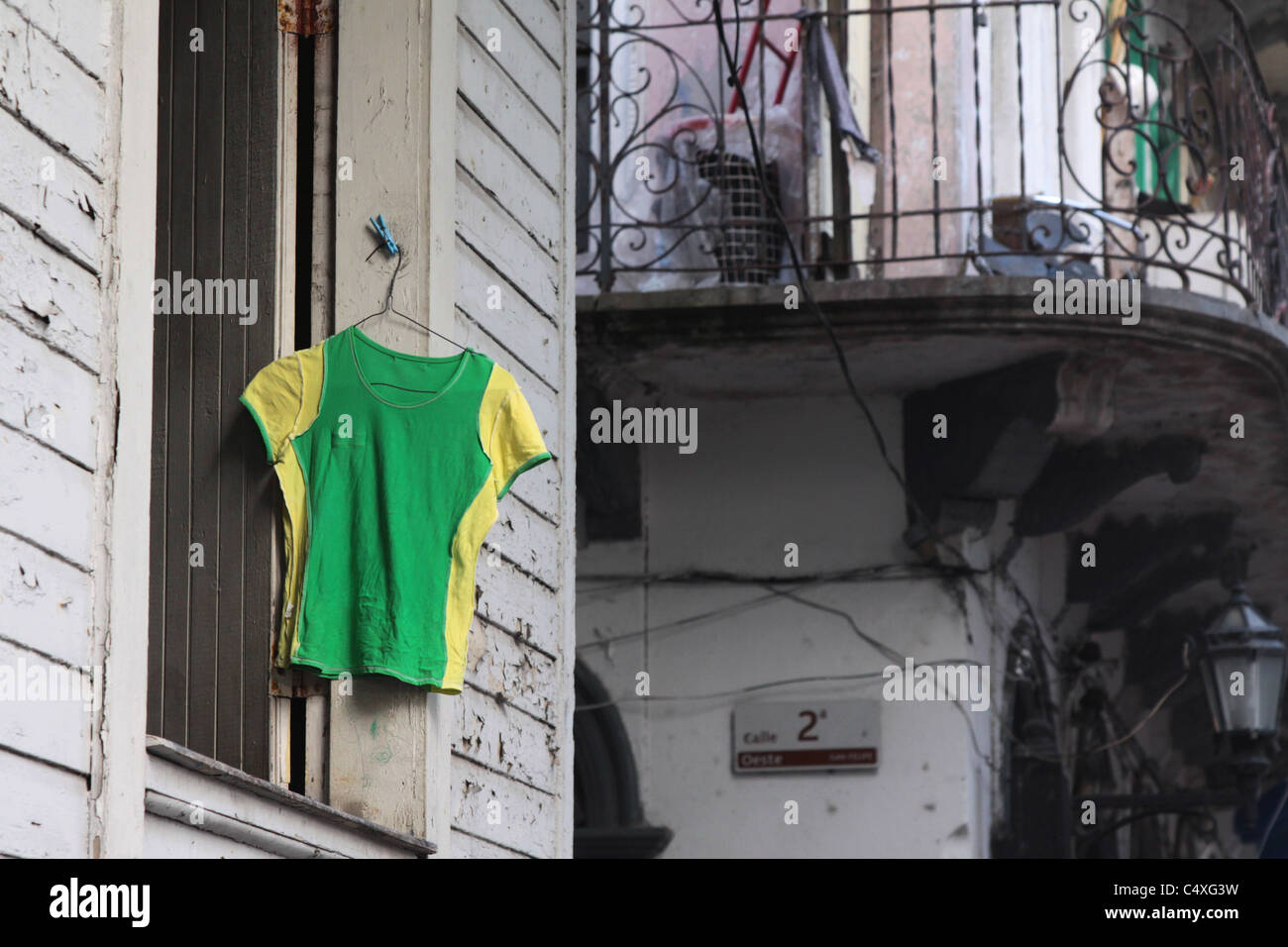 A jersey hanging on a window of an old building at Panama City Casco Antiguo. Stock Photo