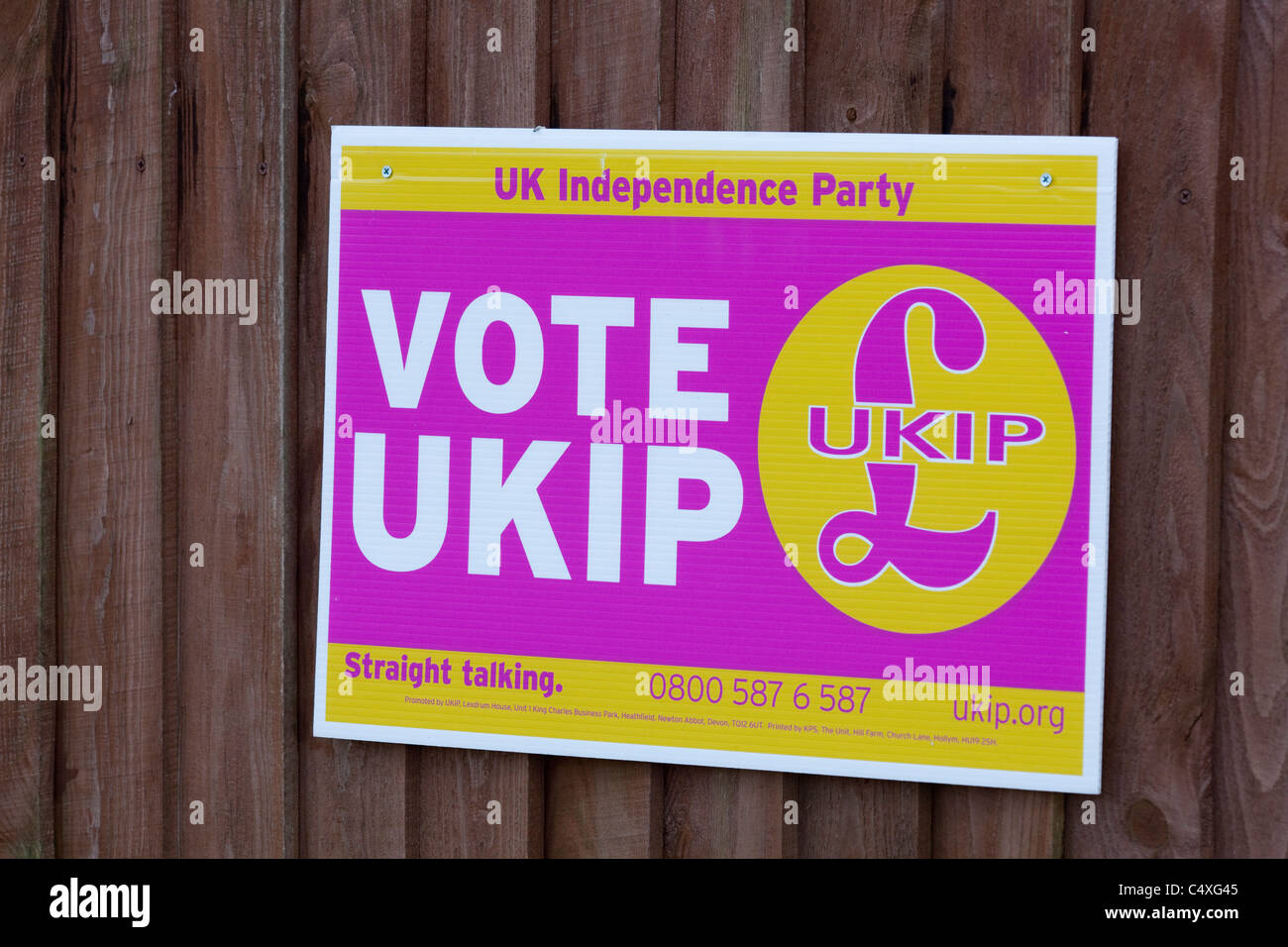 Election Promotion Poster; for political party UKIP. United Kingdom Independance Party. 2011. Suburban fence. North Walsham Stock Photo