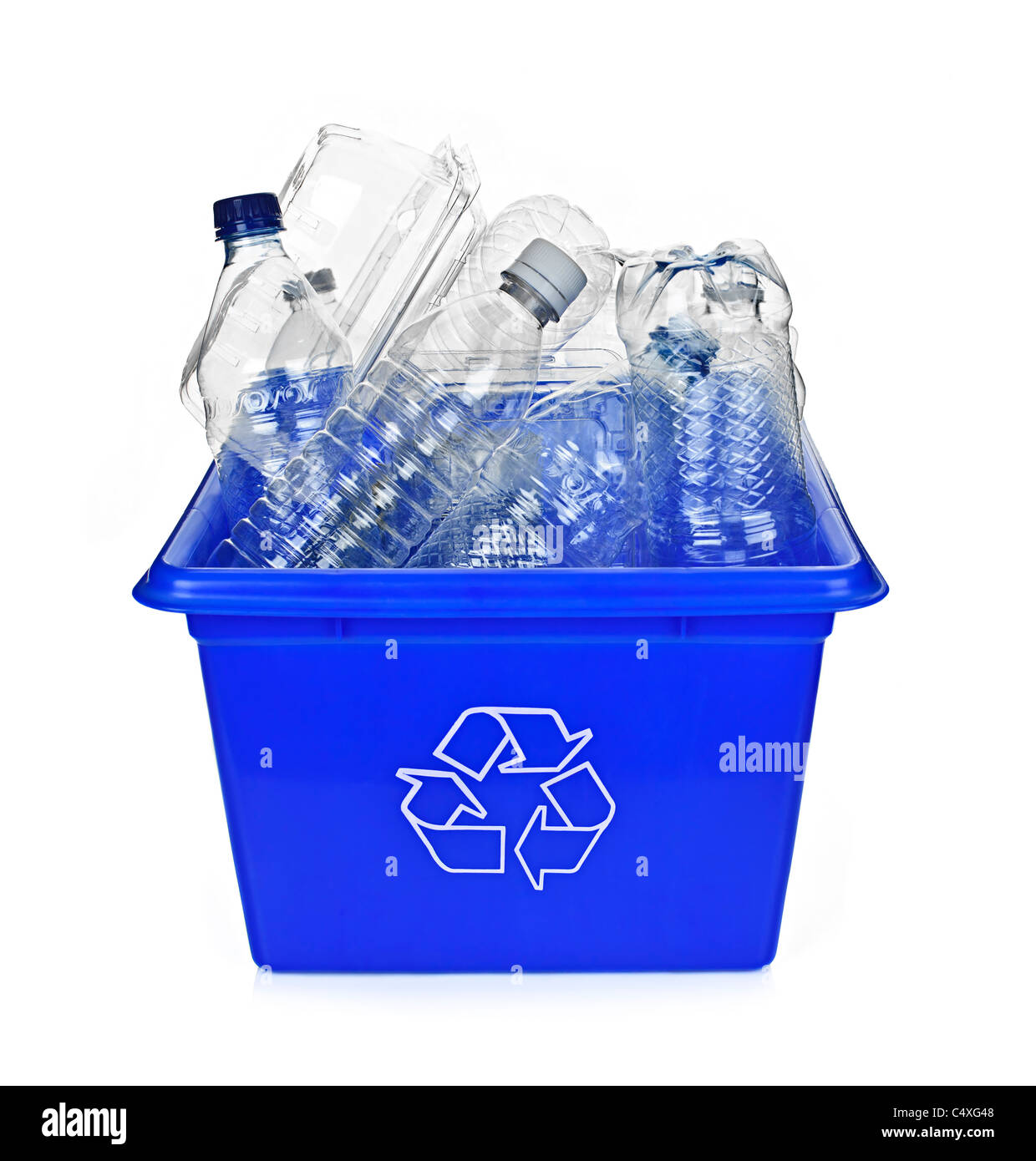 Recycling box filled with clear plastic containers isolated on white Stock Photo