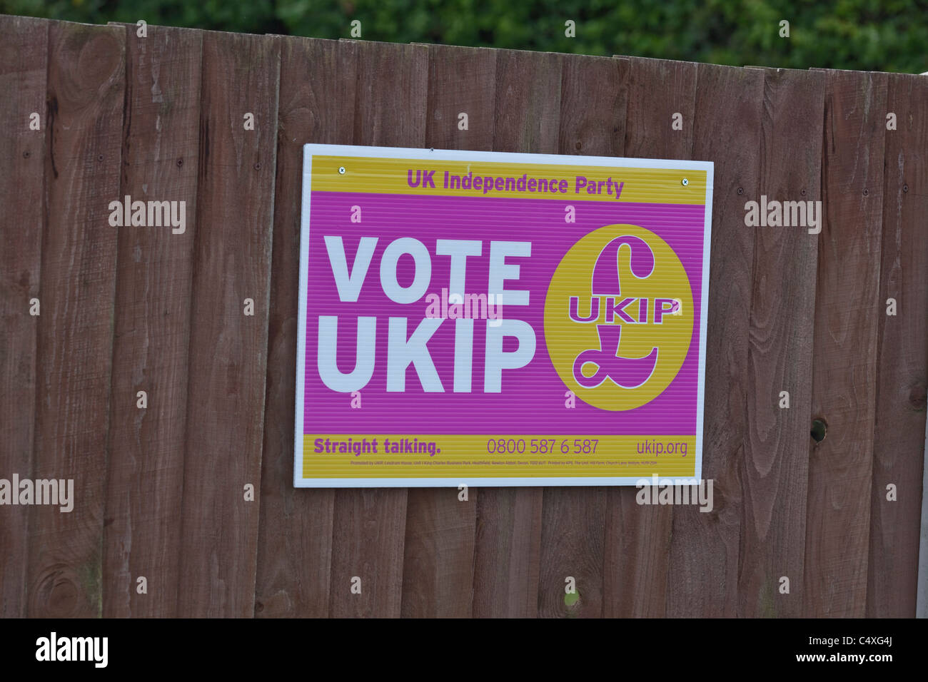 Election Promotion Poster; for political party UKIP. United Kingdom Independance Party. 2011. Suburban fence. North Walsham Stock Photo