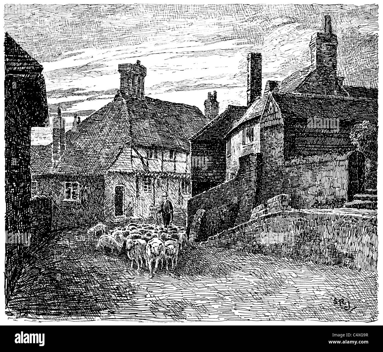 Byworth, Sussex - pen and ink illustration from 'Old English Country Cottages' by Charles Holme, 1906. Stock Photo
