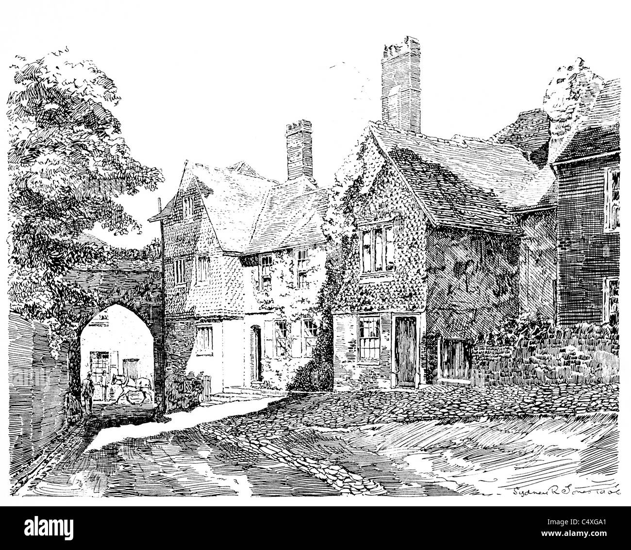 Guildford Castle, Surrey - pen and ink illustration from 'Old English Country Cottages' by Charles Holme, 1906. Stock Photo