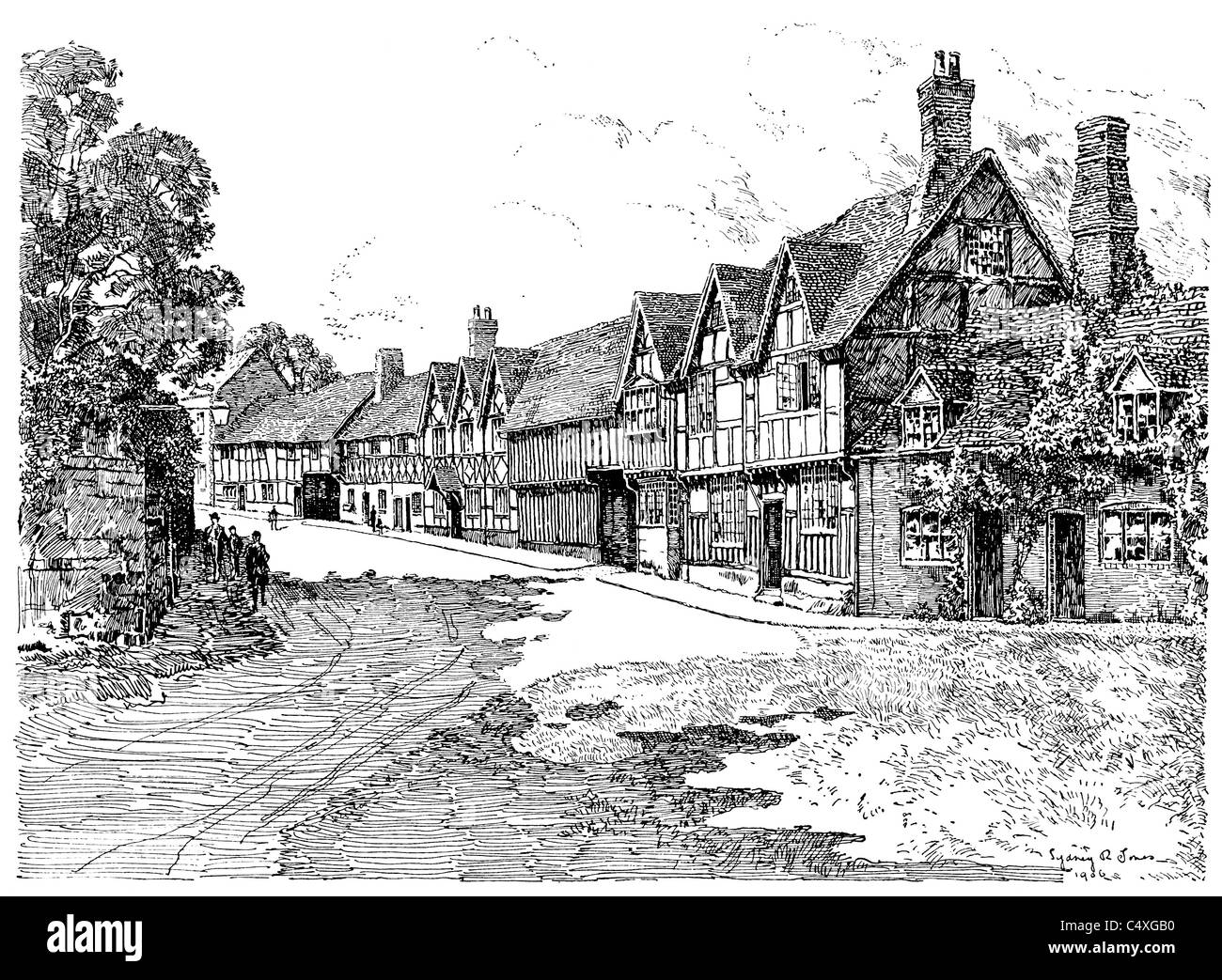 Mill Street, Warwick - pen and ink illustration from 'Old English Country Cottages' by Charles Holme, 1906. Stock Photo