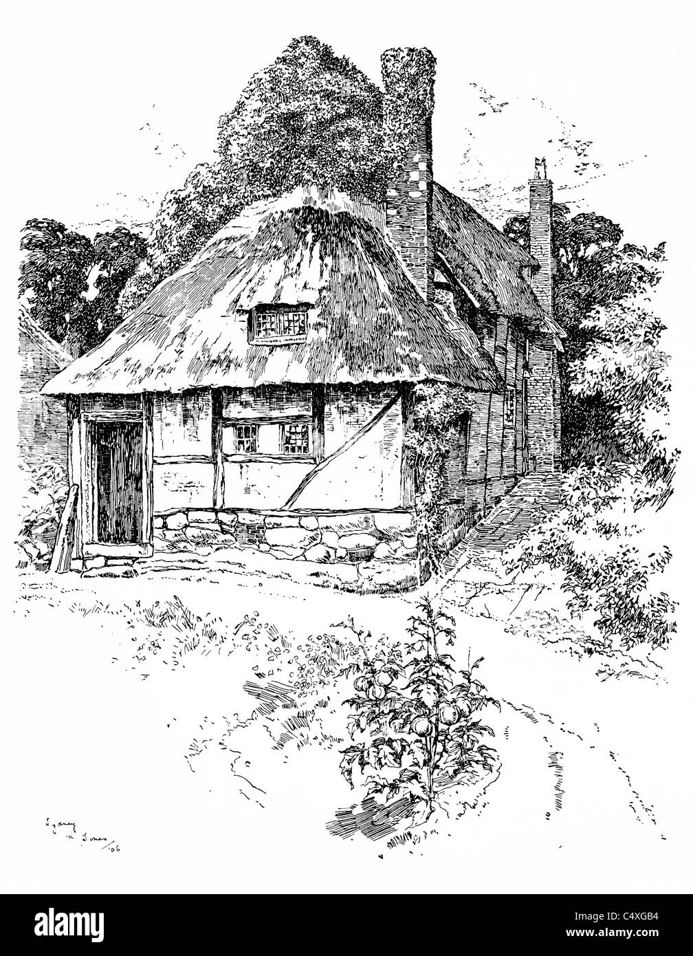 Leek Wootton, Warwick - pen and ink illustration from 'Old English Country Cottages' by Charles Holme, 1906. Stock Photo