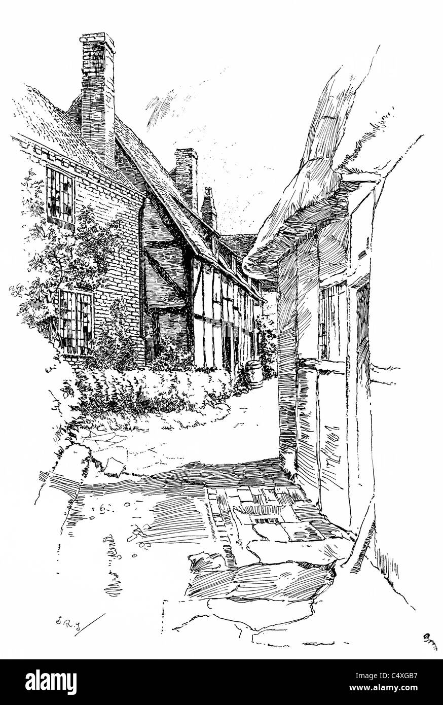 Shottery, Warwickshire - pen and ink illustration from 'Old English Country Cottages' by Charles Holme, 1906. Stock Photo