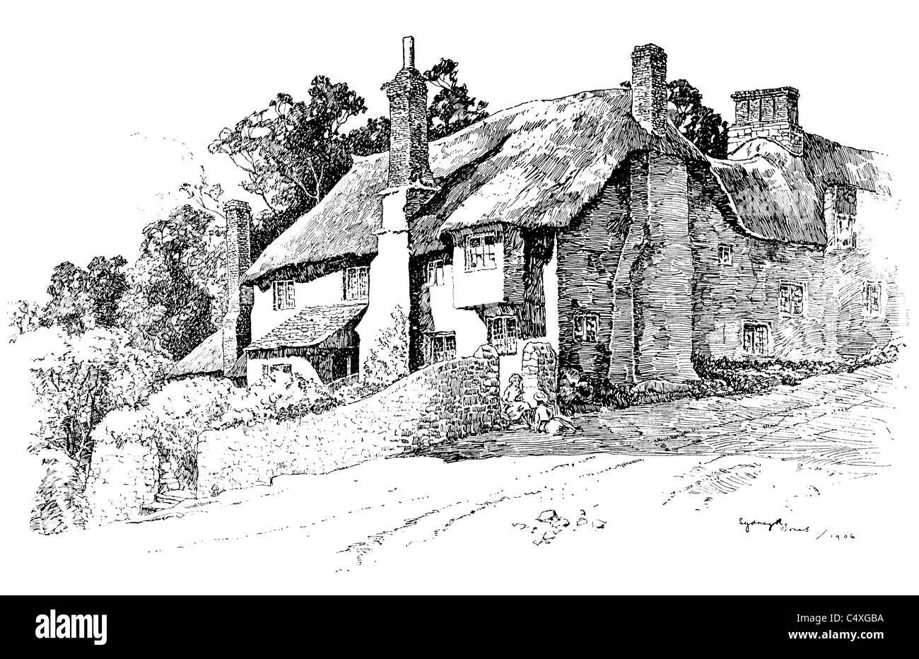 Thurlestone, Devonshire - pen and ink illustration from 'Old English Country Cottages' by Charles Holme, 1906. Stock Photo