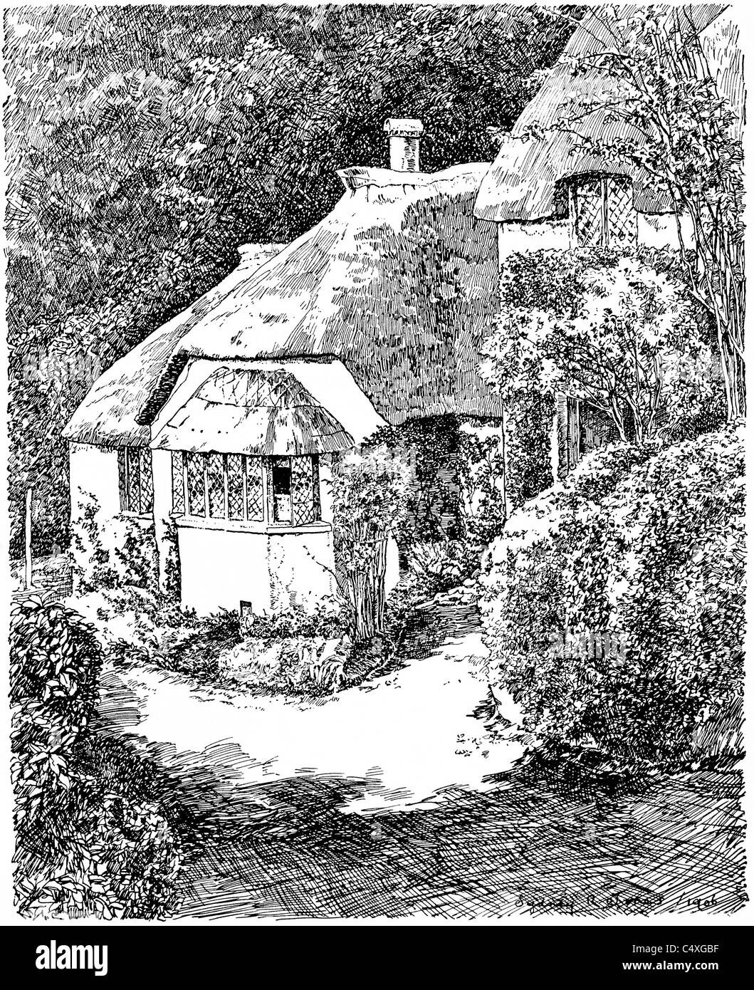 Selworthy, Somerset - pen and ink illustration from 'Old English Country Cottages' by Charles Holme, 1906. Stock Photo