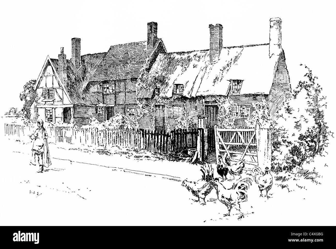 Hill Wootton, Warwickshire - pen and ink illustration from 'Old English Country Cottages' by Charles Holme, 1906. Stock Photo