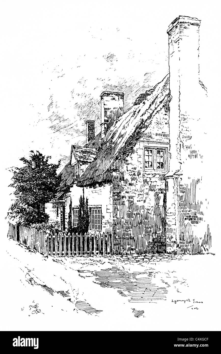 Ducklington, Oxfordshire - pen and ink illustration from 'Old English Country Cottages' by Charles Holme, 1906. Stock Photo