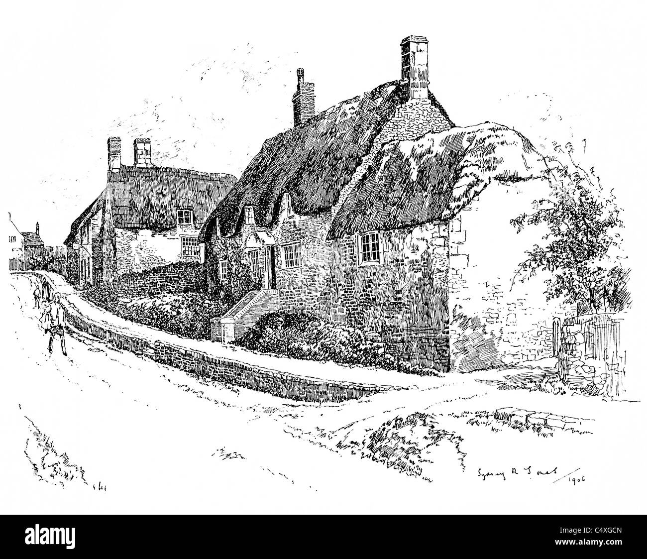 Ebrington, Gloucestershire - pen and ink illustration from 'Old English Country Cottages' by Charles Holme, 1906. Stock Photo