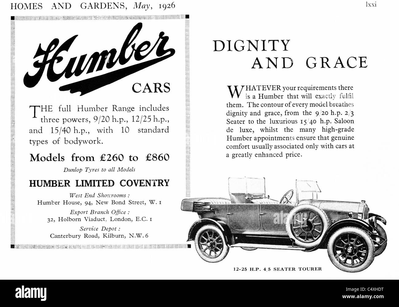 1926 'Humber Cars' Advertisement from 'Homes and Gardens' magazine. Stock Photo