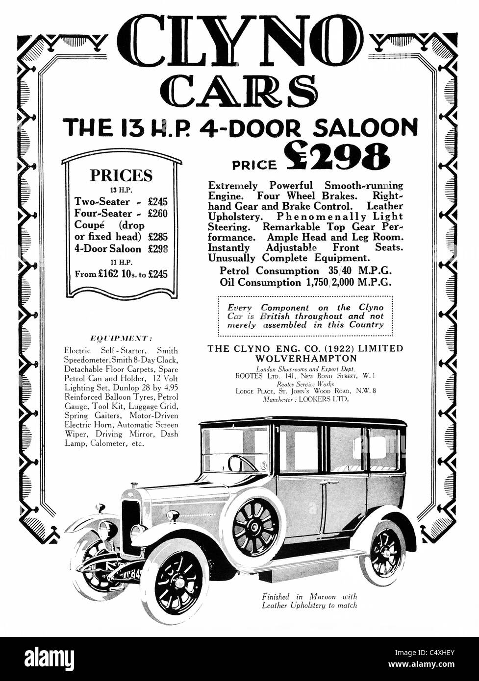 1926 'Clyno Cars' Advertisement from 'Homes and Gardens' magazine. Stock Photo