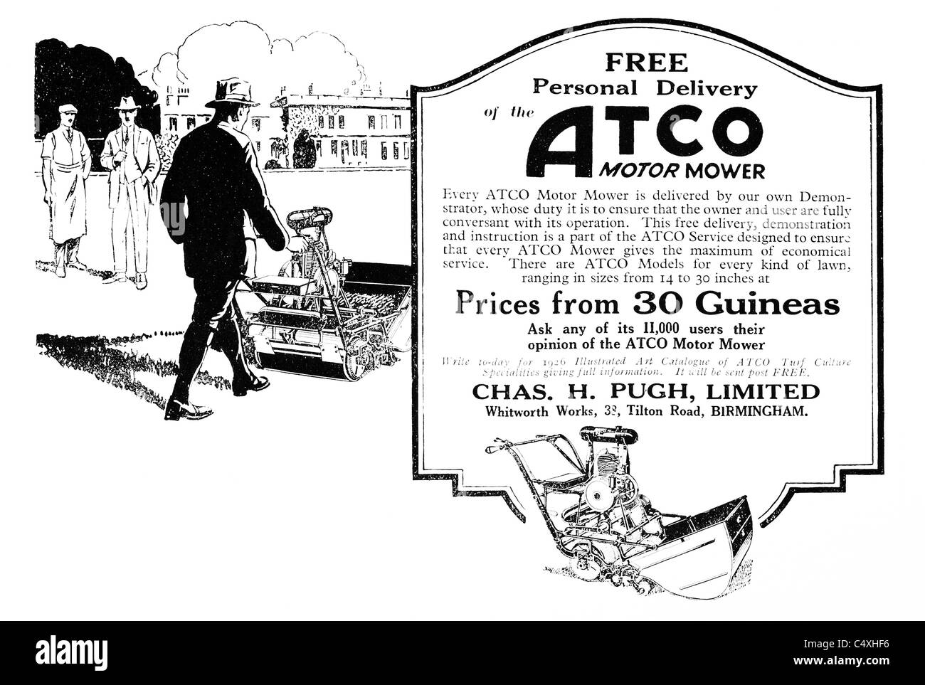 1926 'ATCO Motor Mower' Advertisement from 'Homes and Gardens' magazine. Stock Photo