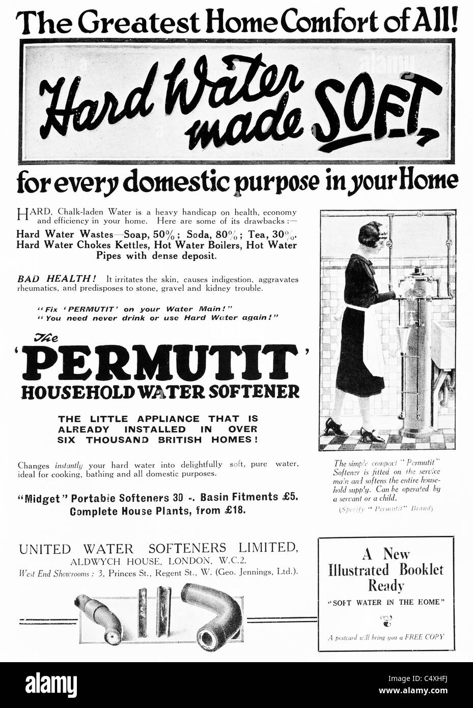 1926 'Permutit Household Water Softener' Advertisement from 'Homes and Gardens' magazine. Stock Photo