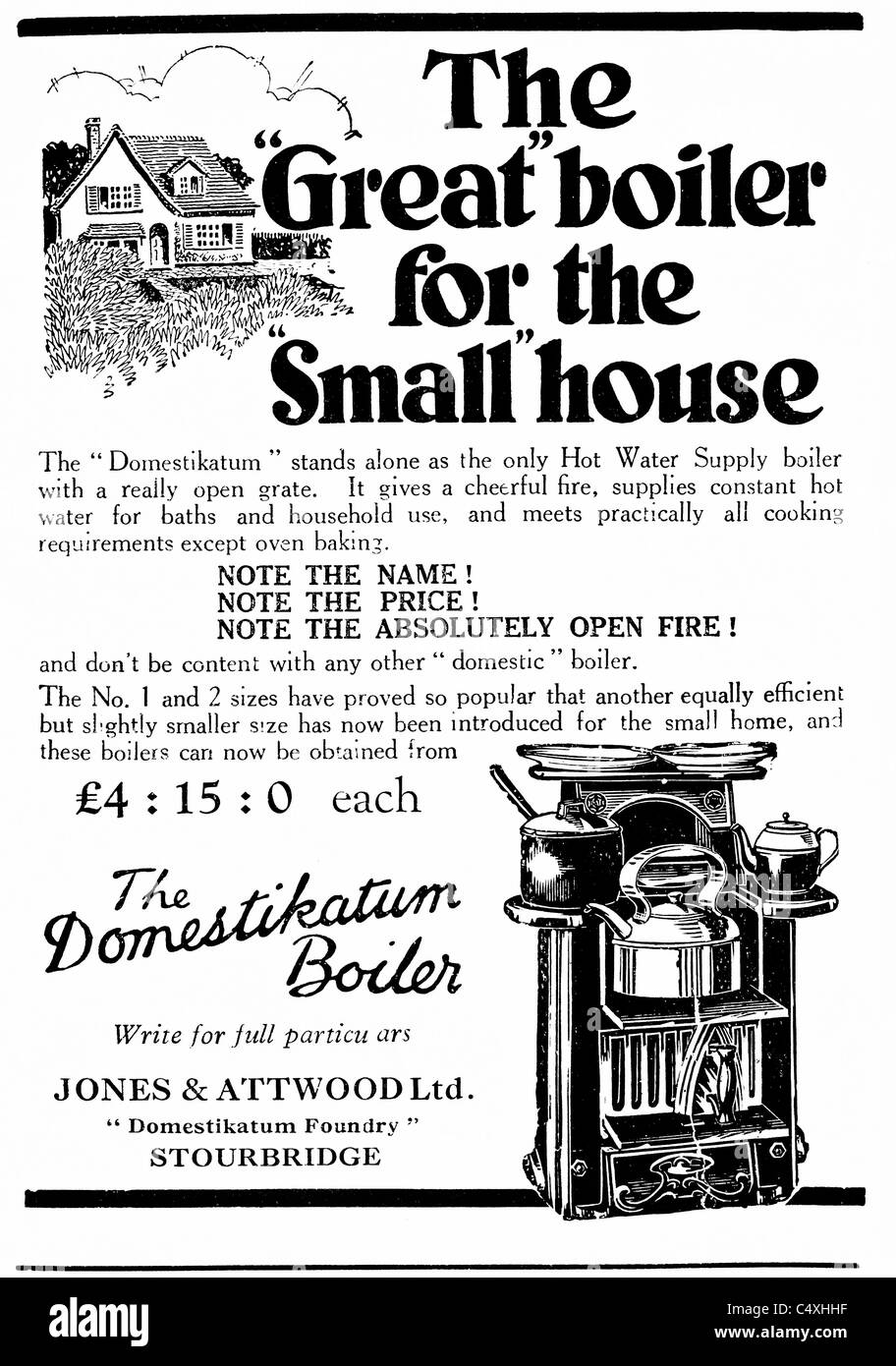 1926 'Domestikatum' Boiler Advertisement from 'Homes and Gardens' magazine. Stock Photo