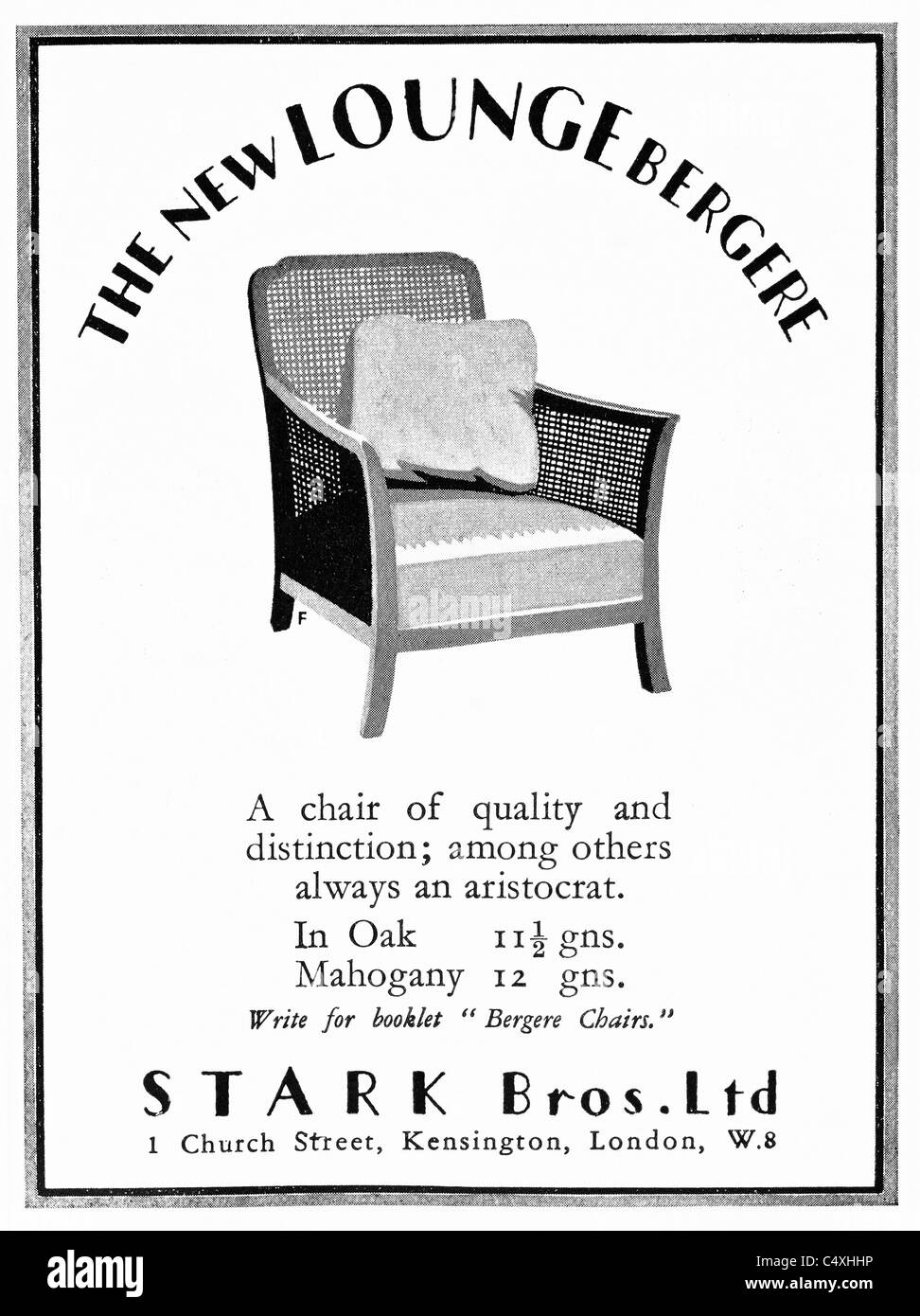 1926 'New Lounge Bergere' Chair Advertisement from 'Homes and Gardens' magazine. Stock Photo