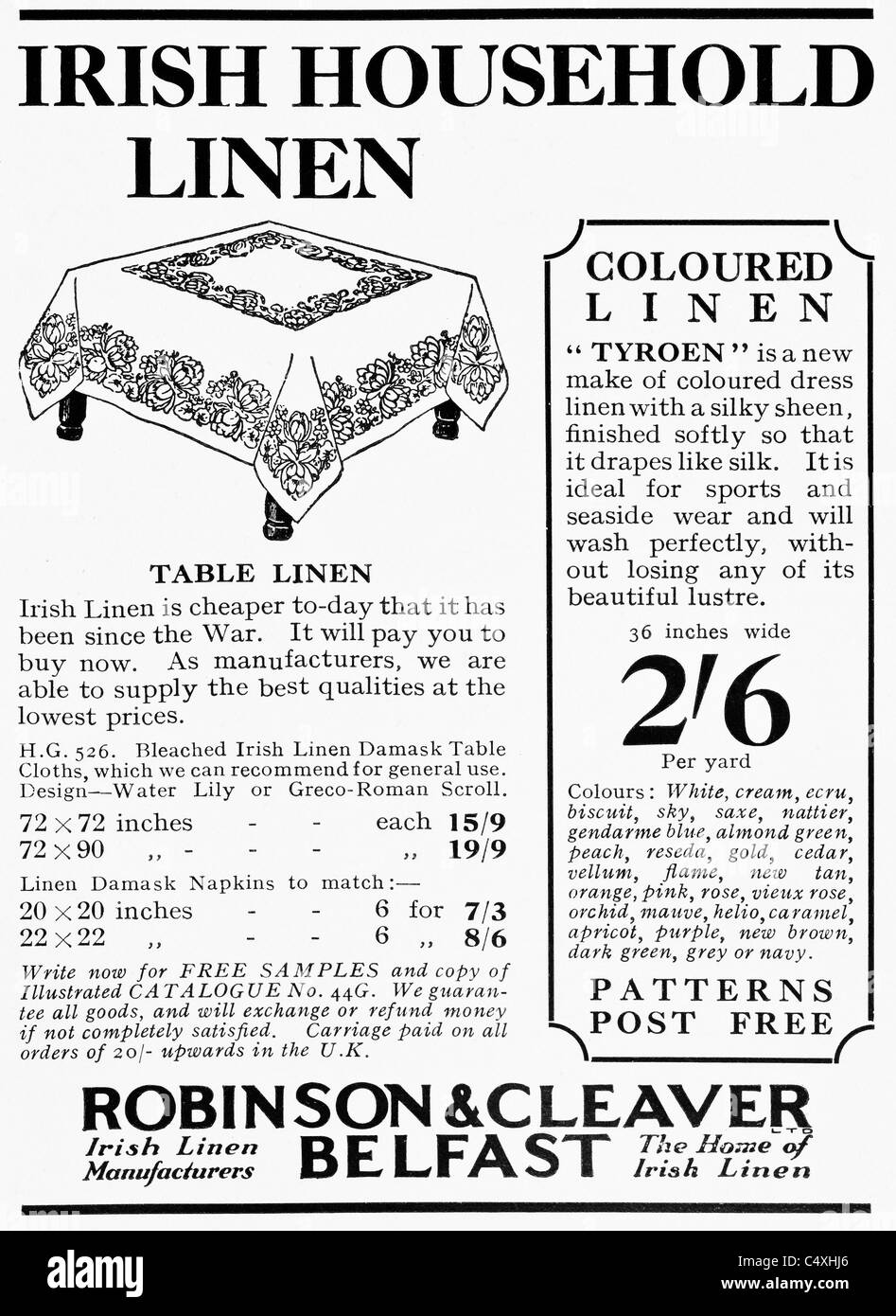 1926 'Irish Household Linen' Advertisement from 'Homes and Gardens' magazine. Stock Photo