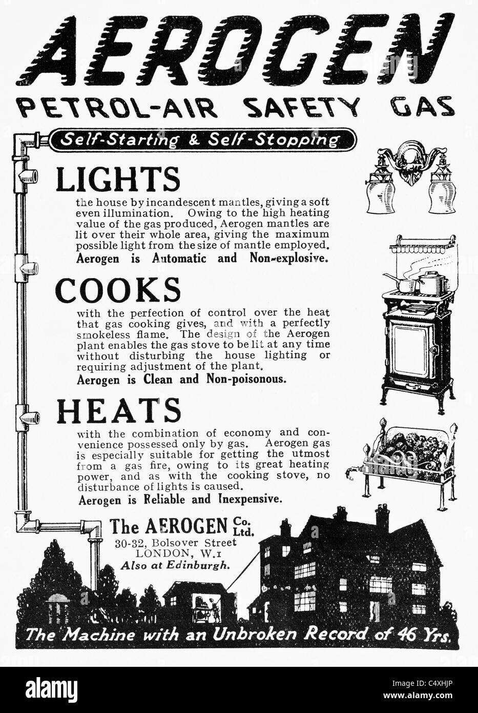 1926 'Aerogen Petrol-Air Safety Gas' Advertisement from 'Homes and Gardens' magazine. Stock Photo