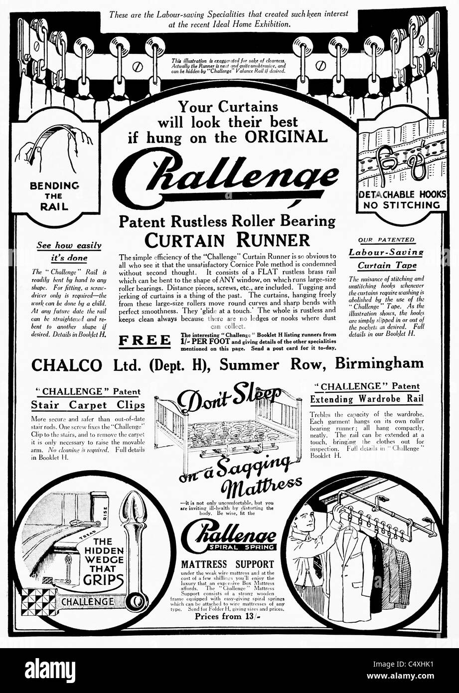 1926 'Challenge Curtain Runner' Advertisement from 'Homes and Gardens' magazine. Stock Photo