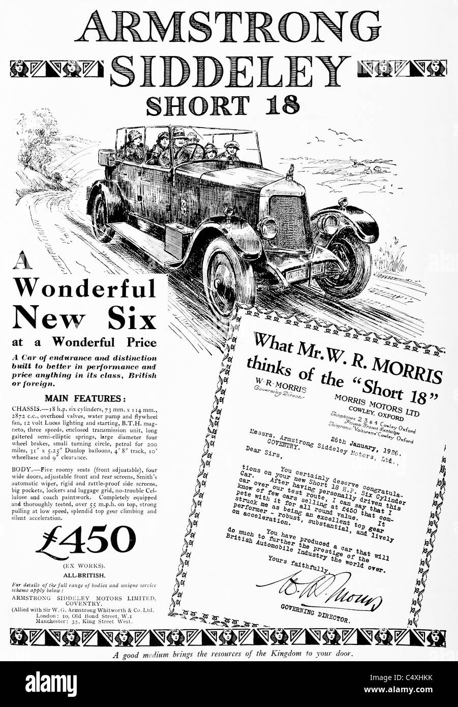 1926 'Armstrong Siddeley Short 18' Car Advertisement from 'Homes and Gardens' magazine. Stock Photo