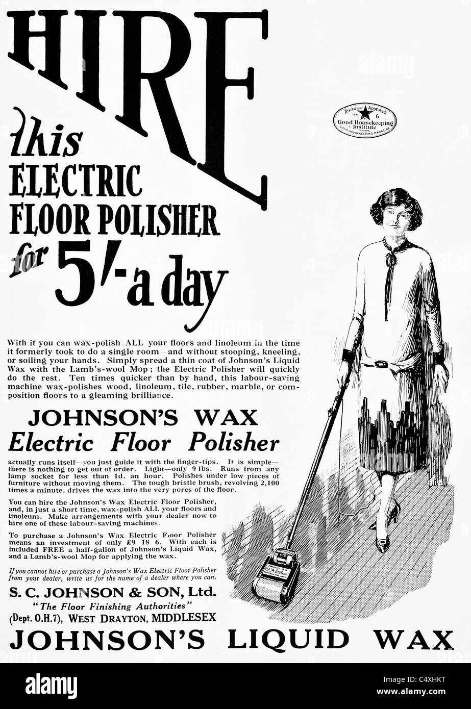 1926 'Johnson's Floor Polisher Hire' Advertisement from 'Homes and Gardens' magazine. Stock Photo