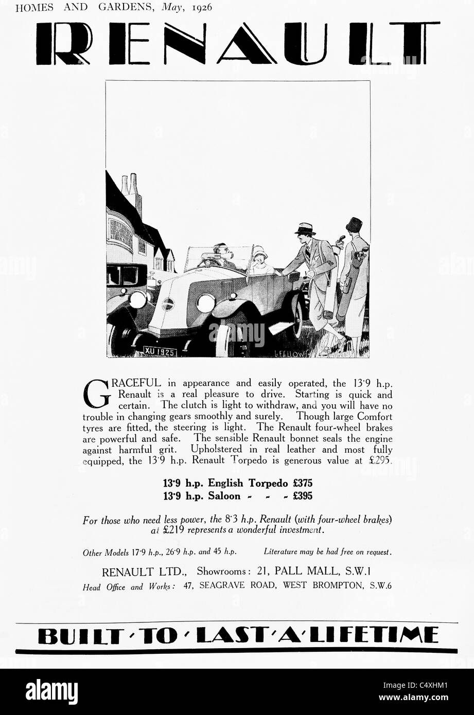 1926 'Renault' Car Advertisement from 'Homes and Gardens' magazine. Stock Photo