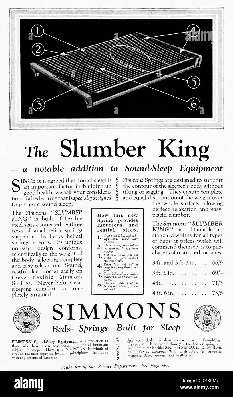 1926 'Slumber King' Bed Mattress Advertisement from 'Homes and Gardens' magazine. Stock Photo