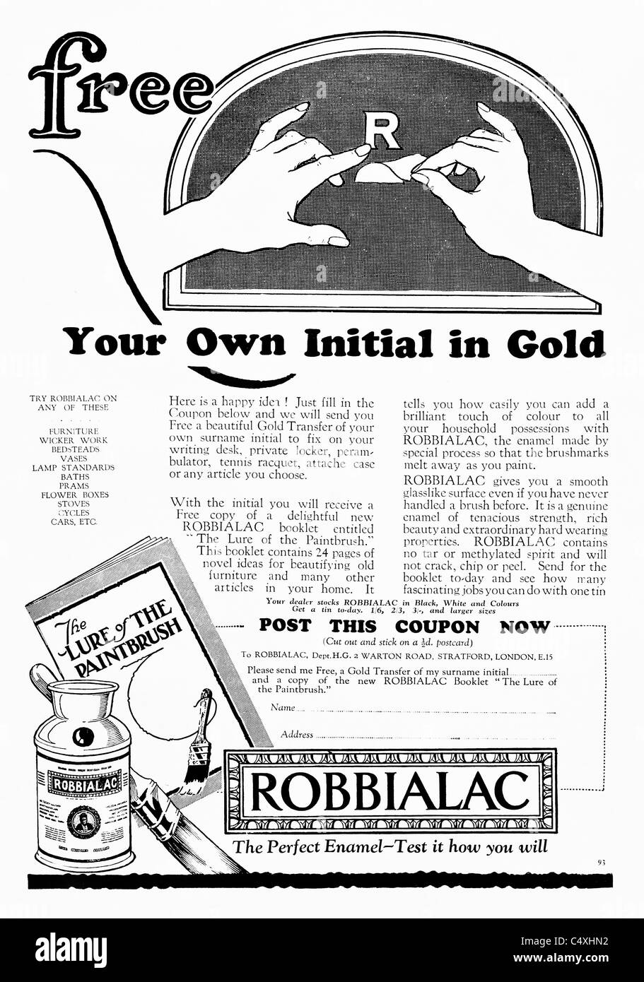 1926 'Robbialac' Gold Initialing Advertisement from 'Homes and Gardens' magazine. Stock Photo