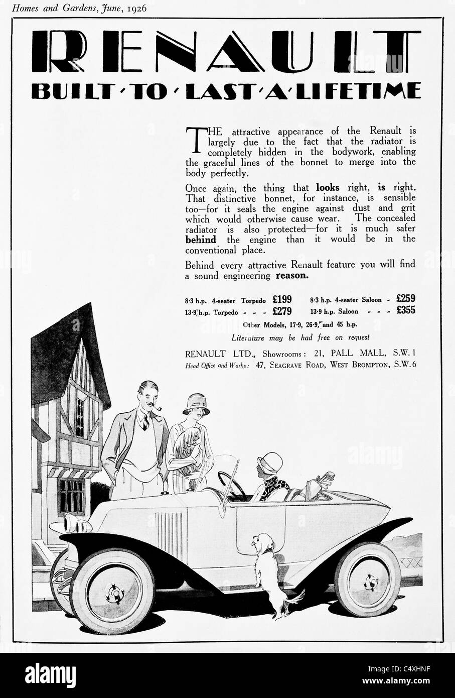 1926 'Renault' Car Advertisement from 'Homes and Gardens' magazine. Stock Photo