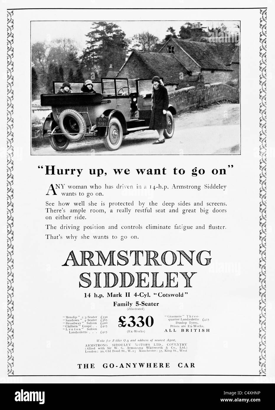 1926 'Armstrong Siddeley Cotswold' Car Advertisement from 'Homes and Gardens' magazine. Stock Photo