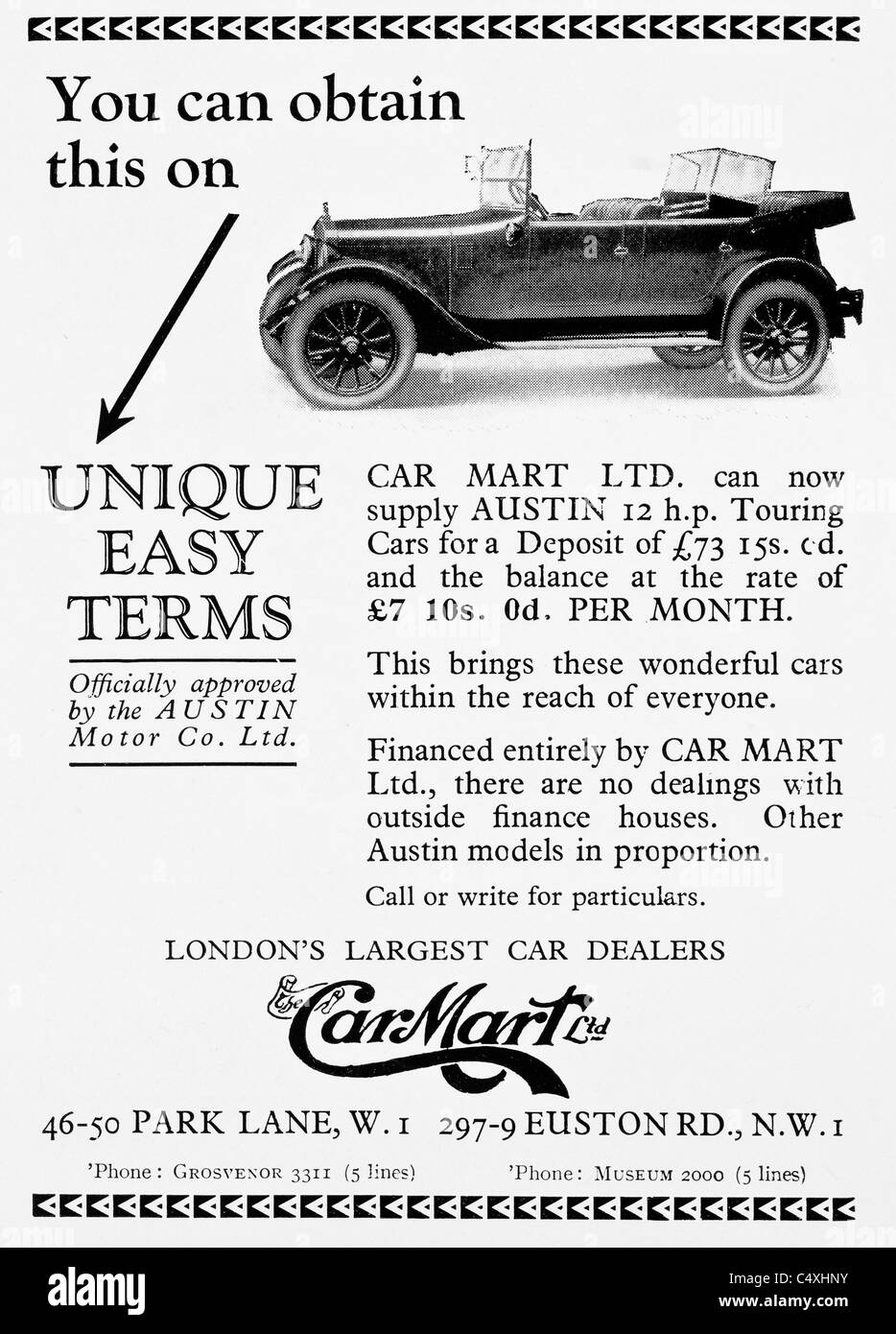 1926 'Austin 12HP' Car Credit Advertisement from 'Homes and Gardens' magazine. Stock Photo