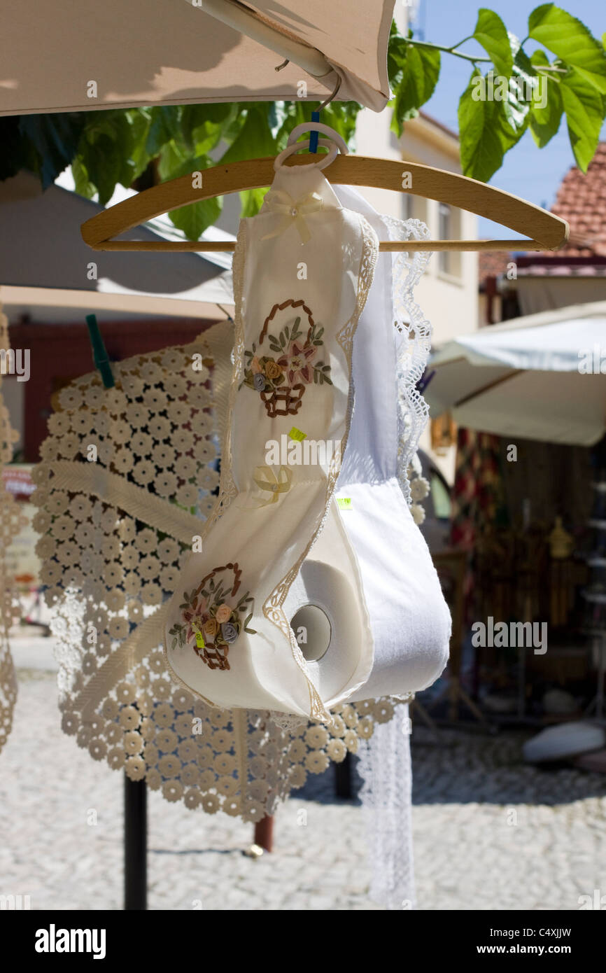 Authentic lace work from the ancient Village of Omodos in the Troodos Mountains, Cyprus Stock Photo