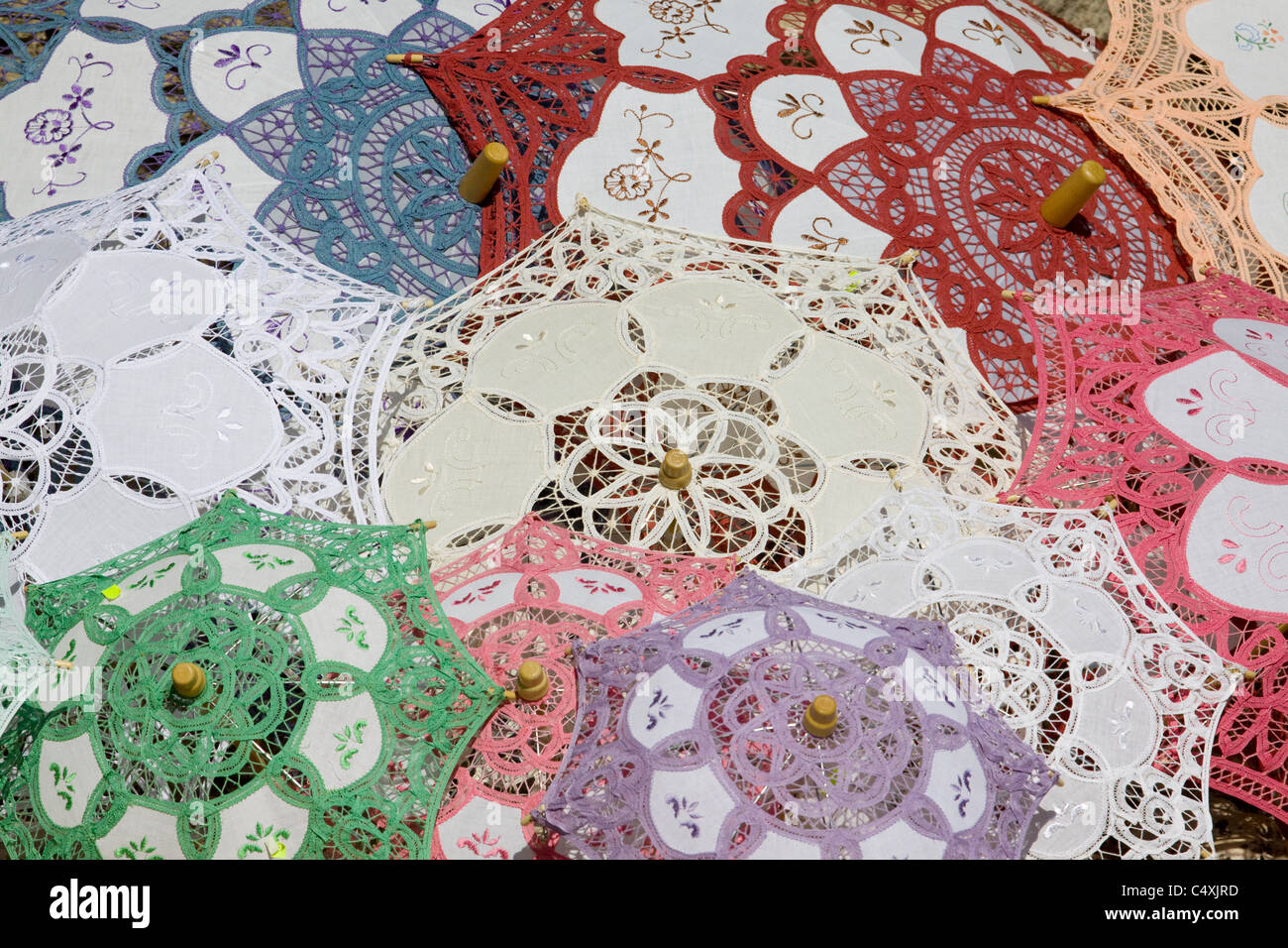 Authentic lace work from the ancient Village of Omodos in the Troodos Mountains, Cyprus Stock Photo