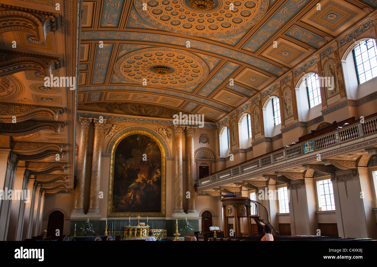 Iconic interior with people on benches of historic church and chapel at Greenwich Stock Photo