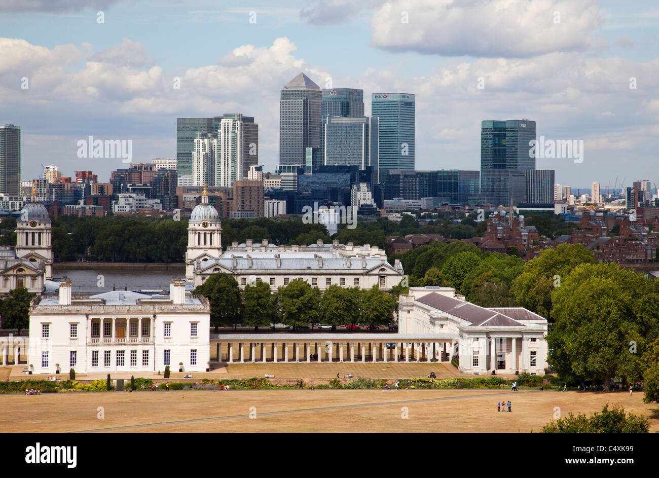 View towards London's new financial and bank district from Greenwich Hill on a summer day with historic World Heritage listed Stock Photo
