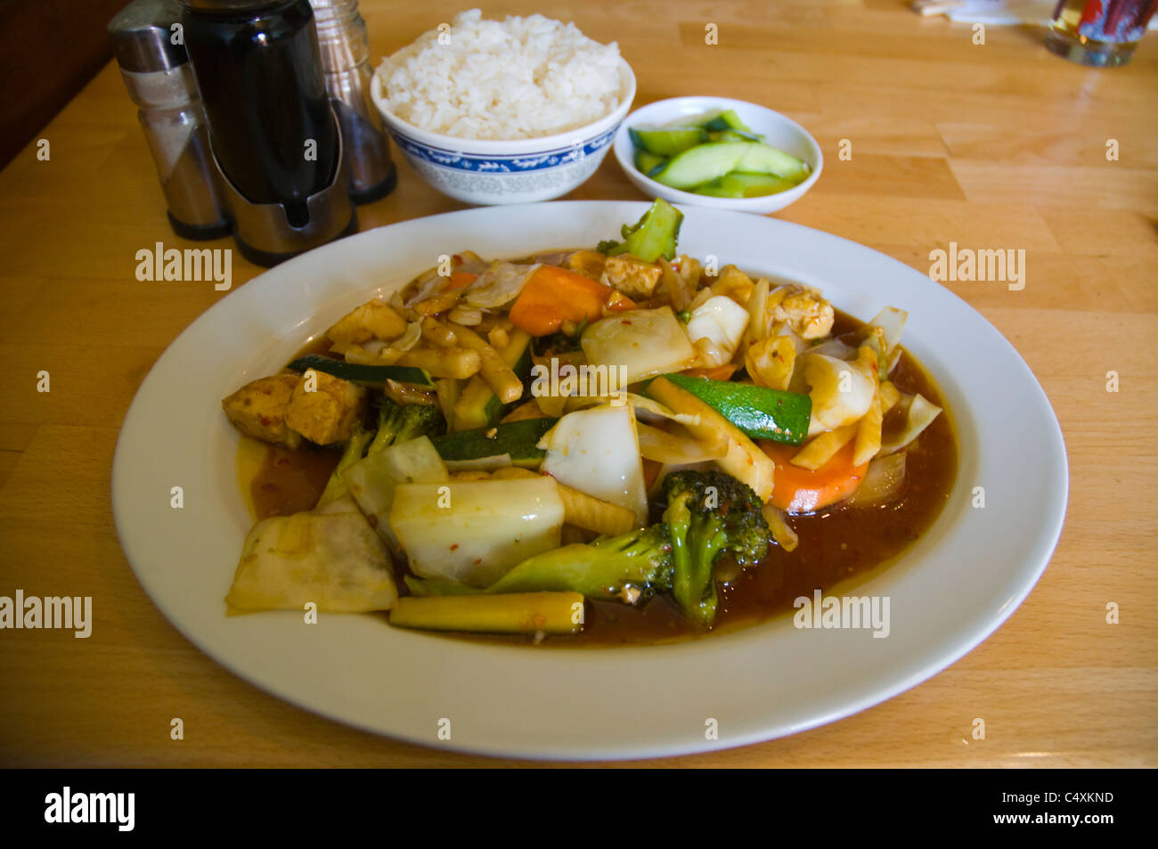 Vegetarian tofu chilli dish Asian restaurant interior Linka Wienzelle