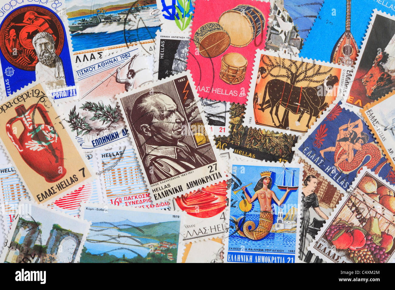 Old Postage Stamps from Greece Montage. Stock Photo