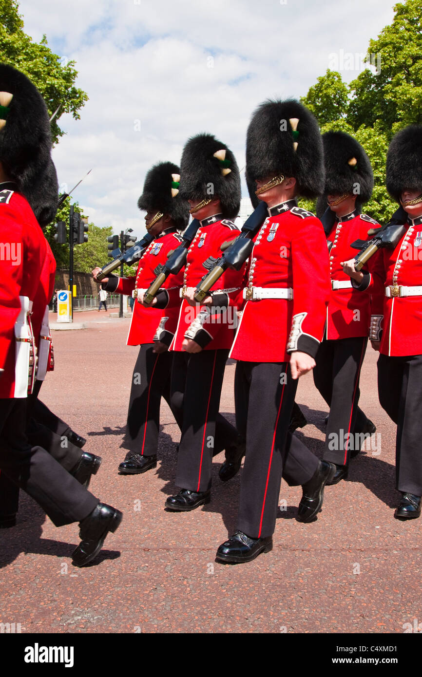 Welsh guardsmen marching down The Mall towards Buckingham palace Stock Photo