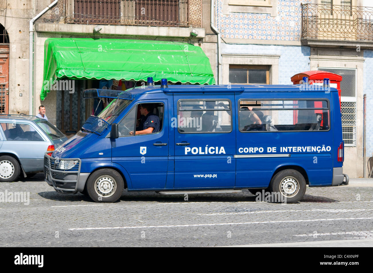 Riot Police van on its way to an incident in Porto Stock Photo