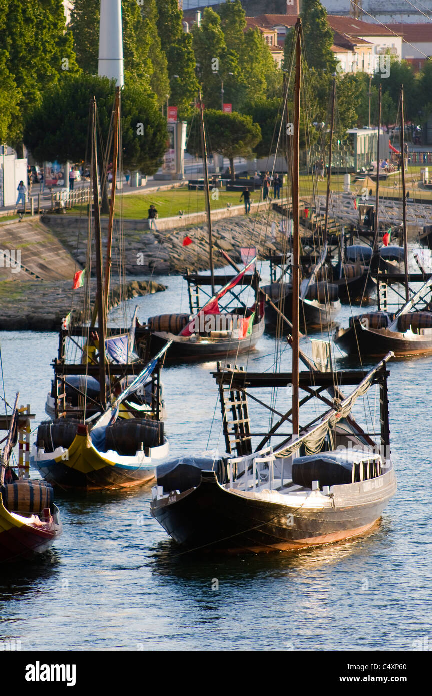 Porto, Port Wine Barges moored in late afternoon sunshine Stock Photo